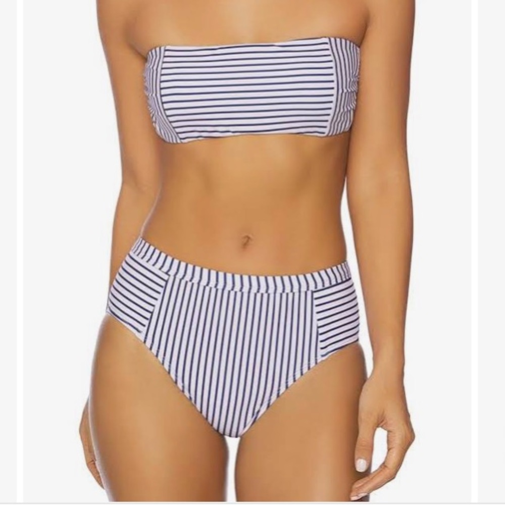 NEW Hi Waist Bikini Bottoms SM pink w Navy Stripes Swimwear Beach Sexy